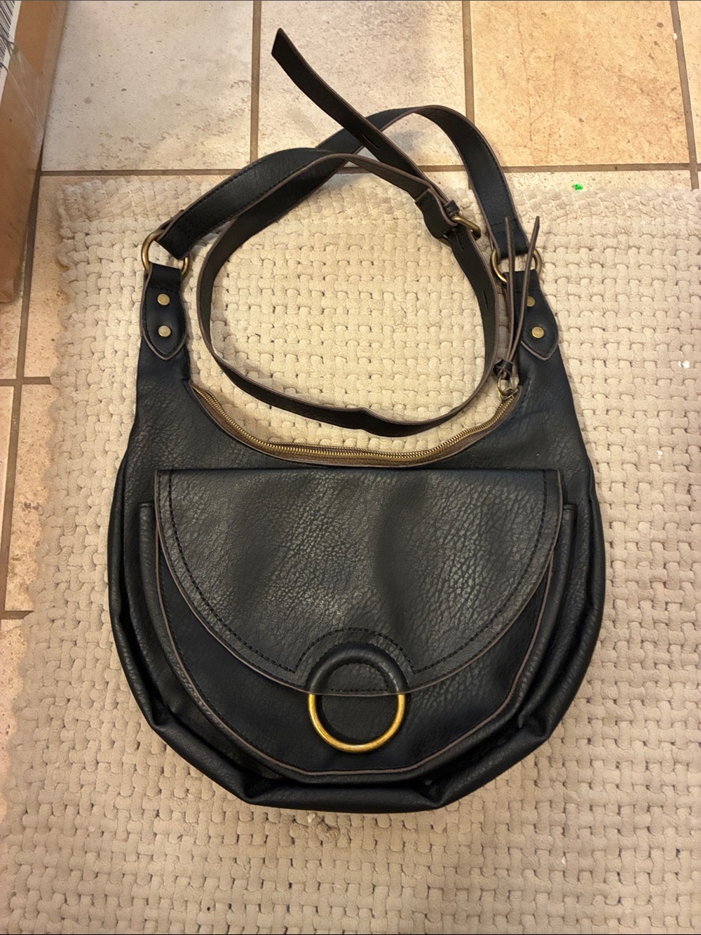 Women’s Black Leather Crossbody Bag with Gold Ring Accent